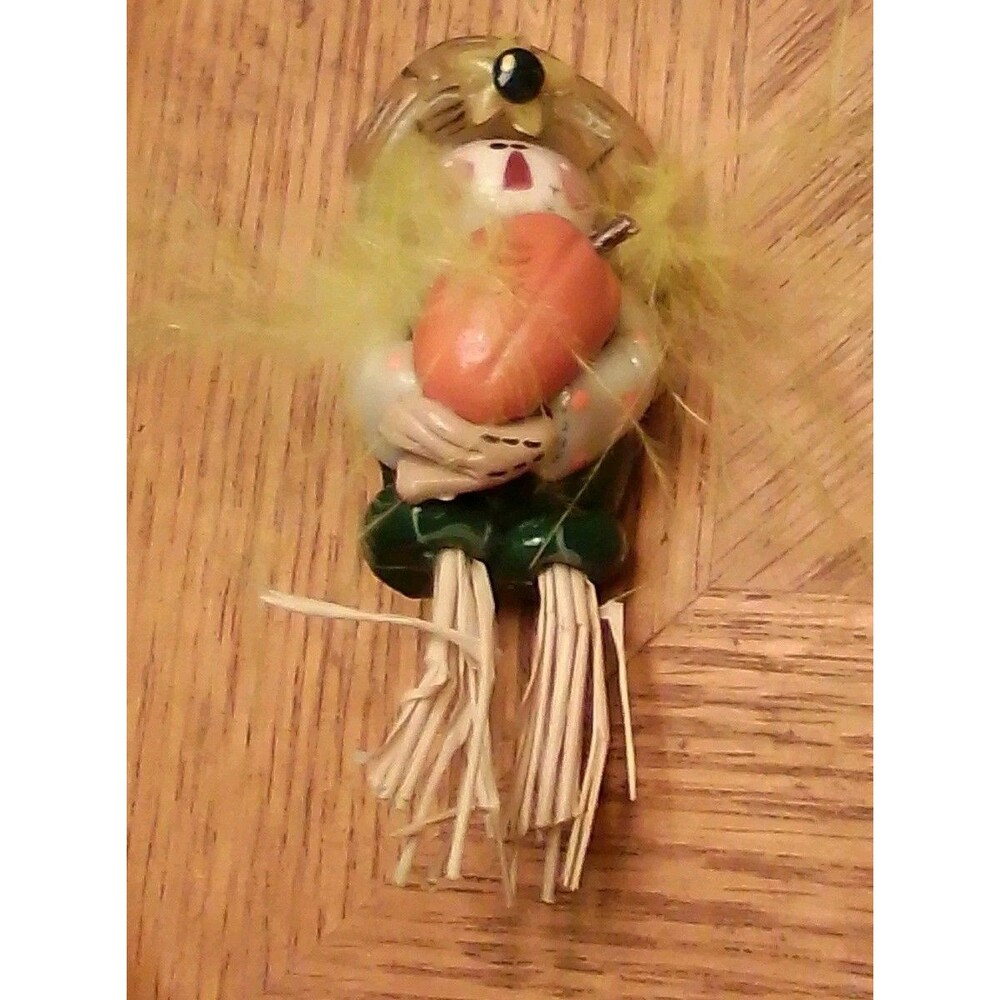 Handmade Scarecrow Pin Autumn Fall Lacquered Paper Hand Colored Halloween Pin